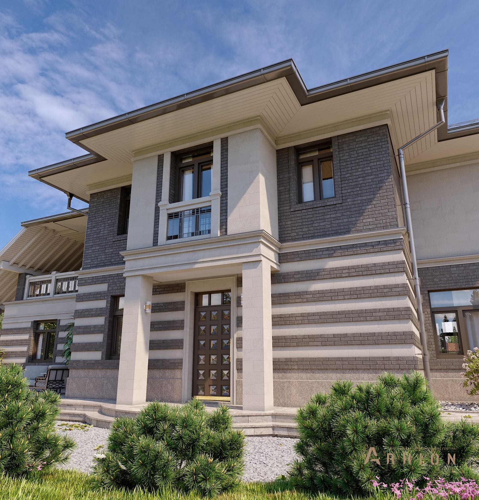 3. Проект двухэтажного дома в современном стиле с многоскатной кровлей, av-500, площадью - 500 кв c цокольным этажом, терассой, балконом, гаражом, эркером